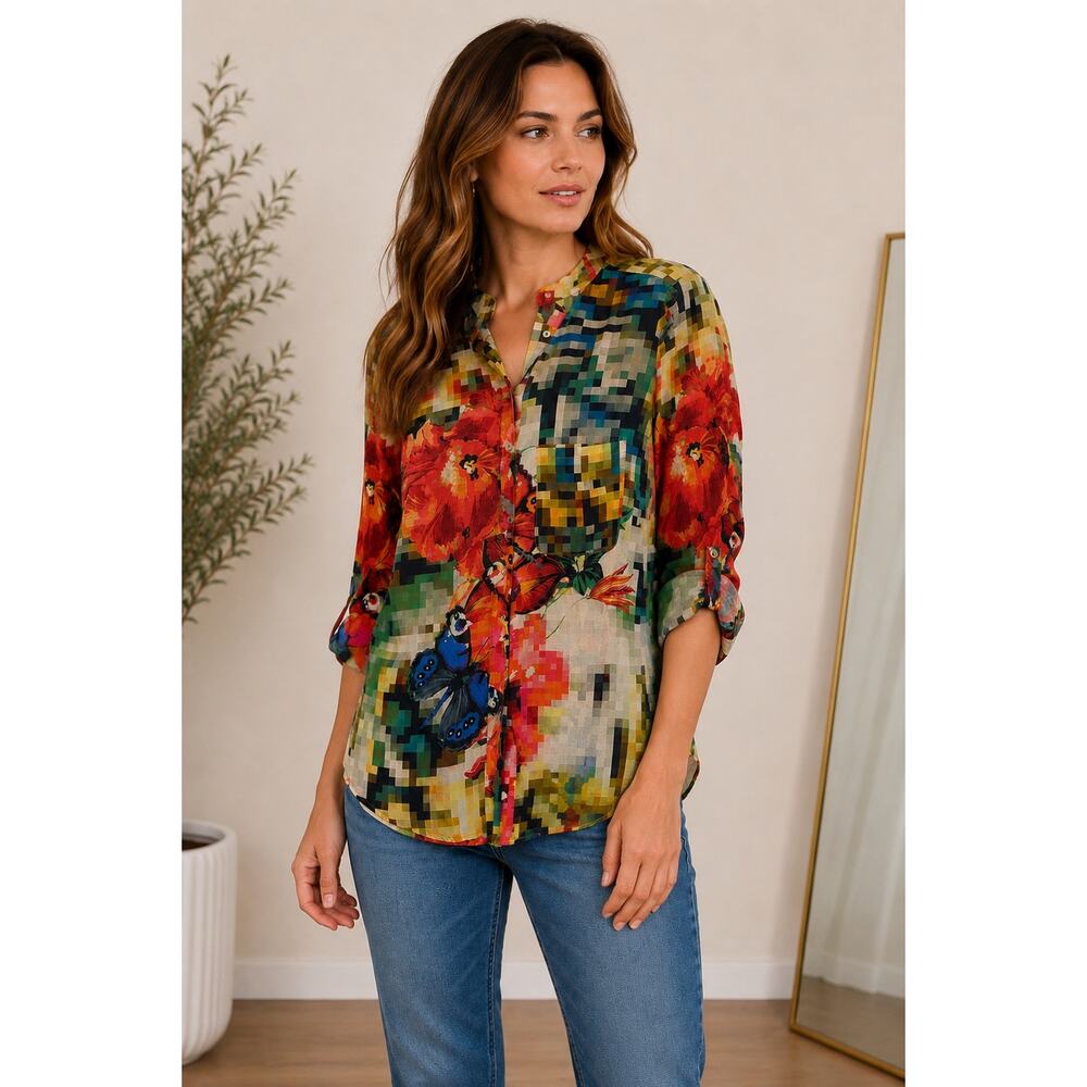 Desigual Abstract Floral Butterfly Modal Blouse Button Front Top